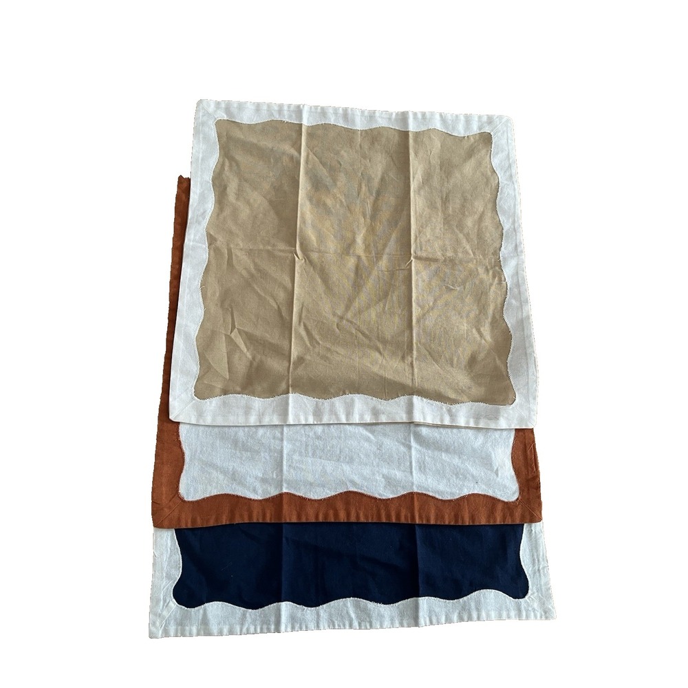 Anthropologie Ruby Scallop Border Napkins Set 3 NWOT Stone Navy Rust Orange Boho - Picture 2 of 10